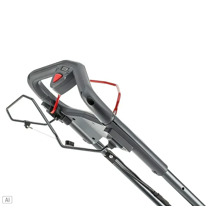AL-KO 18V/36V Akku-Rasenmäher 34.6 - 18 V - 36 V, 2 Akkus, 2,5 Ah, Schnittbreite: 34 cm - Detailaufnahme der Bedienelemente eines Rasenmähers mit rotem Knopf und Griff für einfache Steuerung.