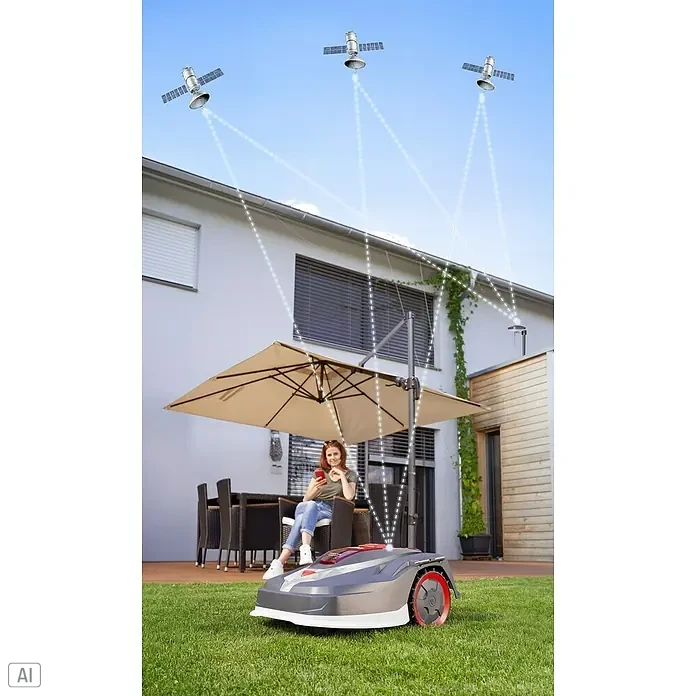 AL-KO Mähroboter - 1.200 m², Schnittbreite: 22 cm, Satellitengestützte Navigation, RTK - Automatischer Rasenmäher mit Satellitenverbindung im Einsatz, während eine Frau im Hintergrund sitzt und ihr Handy benutzt.