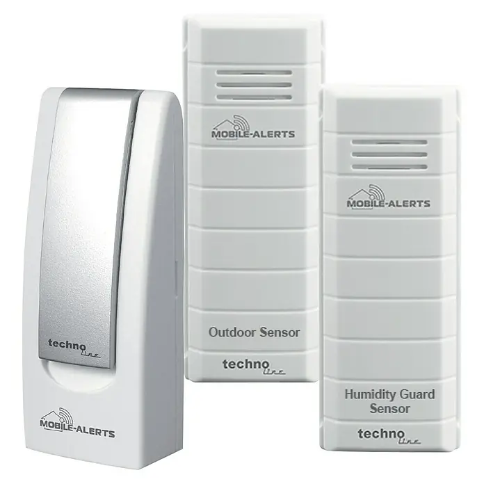 Mobile-Alerts Starter-Set MA 10012 SET - Gateway, Außensensor, Thermo-Hygro-Sensor - Ein Trio von Techno Line Sensoren: Outdoor-Sensor, Feuchtigkeitssensor und ein weiteres Gerät für umfassende Umweltüberwachung.
