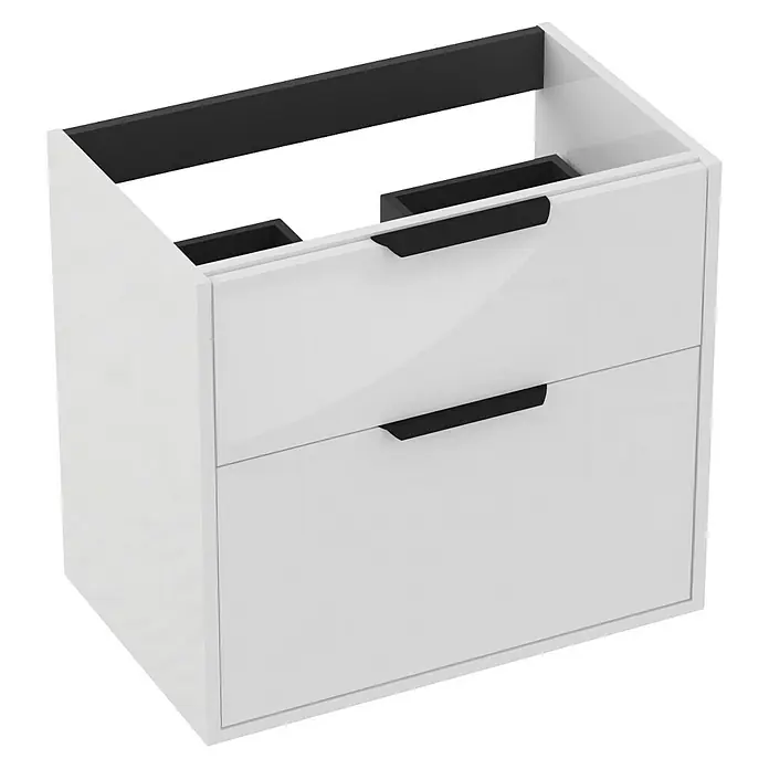 Outlets Bath Waschbeckenunterschrank Triana - Weiß, 60 x 38 x 56 cm, Farbe Griff: Schwarz, Hochglänzend - Moderner, weißer Waschbeckenunterschrank mit zwei Schubladen und eleganten, schwarzen Griffen für ein stilvolles Badezimmerdesign.
