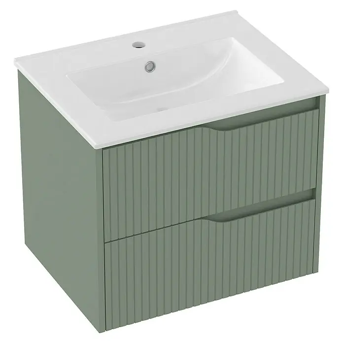 Outlets Bath Waschbeckenunterschrank Soho - 60 x 45 x 50 cm, Grün - Dieser Waschtischunterschrank in Grün mit zwei Schubladen und einem weißen Waschbecken ist ein stilvolles Badezimmermöbel.