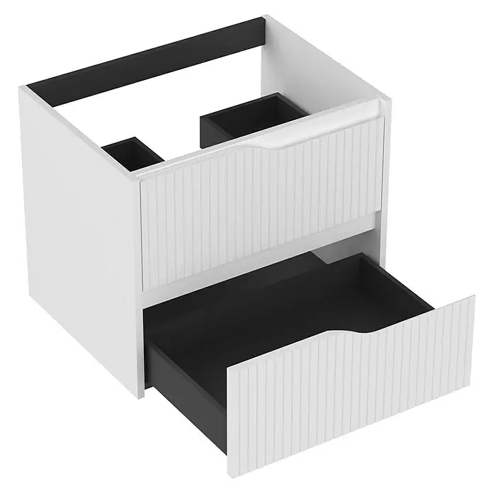 Outlets Bath Waschbeckenunterschrank Soho - 60 x 45 x 50 cm, Weiß - Bild eines modernen, weißen Badezimmerschranks mit zwei Schubladen, wobei die untere Schublade geöffnet ist, um ihr schwarzes Inneres zu zeigen.