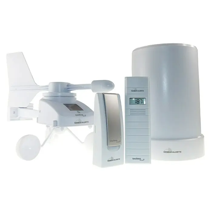 Mobile-Alerts Starter-Set MA 10050 SET - Gateway, Windsensor, Regensensor, Thermo-/Hygrosensor - Das Bild zeigt eine weiße Techno Line Wetterstation, die verschiedene Wetterdaten präzise erfasst und anzeigt.