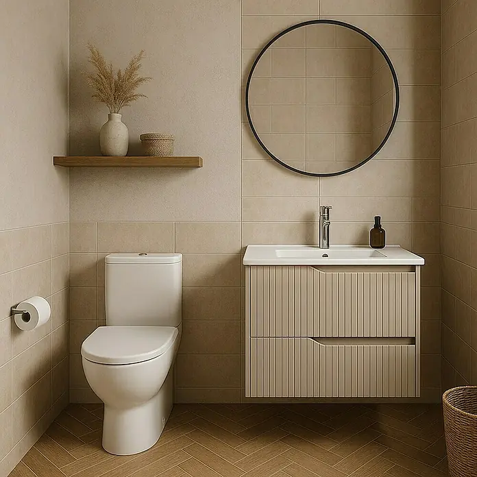 Outlets Bath Waschbeckenunterschrank Soho - 60 x 45 x 50 cm, Cashmere - Elegantes Badezimmer-Interieur mit hölzernen Akzenten, einem modernen Waschtisch und einem runden Spiegel für ein stilvolles Ambiente.