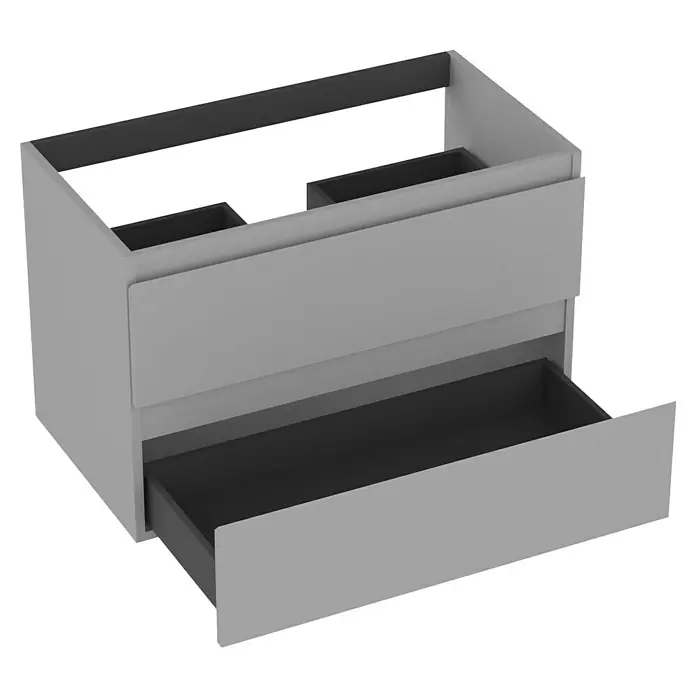 Outlets Bath Waschbeckenunterschrank Atlantis - 80 x 45 x 50 cm, Grau - Bild eines modernen, grauen Schubladenelements mit einer geöffneten Schublade, das die dunkle Innenausstattung zeigt.