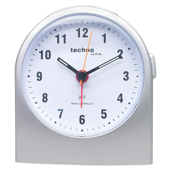 Technoline Funkwecker WT 753 - Analoges Display, Batteriebetrieben, Silber, 5,2 x 9,5 x 11 cm - Ein silberner Techno Line Funkwecker mit einem gut lesbaren Zifferblatt und klaren Zeitanzeigen für eine einfache Zeitablesung.