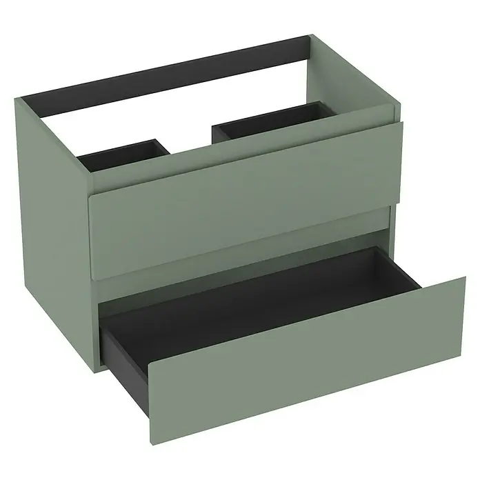 Outlets Bath Waschbeckenunterschrank Atlantis - 80 x 45 x 50 cm, Grün - Modernes, mattgrünes Hängeregal mit zwei Schubladen, Innenseite schwarz, zur stilvollen Aufbewahrung im Badezimmer.