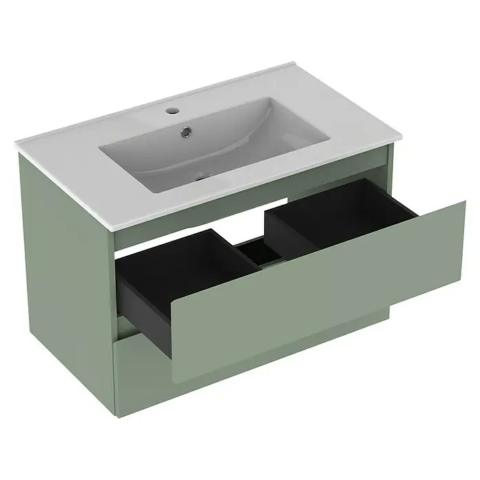 Outlets Bath Waschbeckenunterschrank Atlantis - 80 x 45 x 50 cm, Grün - Der moderne Waschtisch in Grün mit zwei Schubladen und einem weißen Waschbeckenaufsatz bietet stilvollen Stauraum für Ihr Badezimmer.
