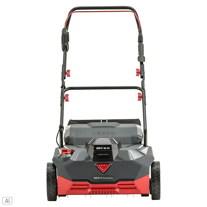 AL-KO 18V/36V Akku-Vertikutierer 38.6 - 2 Akkus, 2,5 Ah, Arbeitsbreite: 38 cm - Abbildung eines Rasenmähers mit einem schwarzen und roten Design und einem Teleskopgriff.
