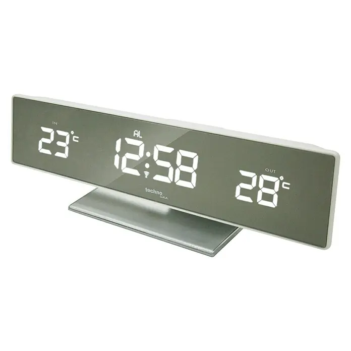 Technoline Thermometer Temperaturstation WS 6815 - Anzeige: LED, Netzbetrieben, Silber, 4,2 x 25,8 x 8 cm - Digitaler Wecker mit Anzeige von Innen- und Außentemperatur sowie Uhrzeit.