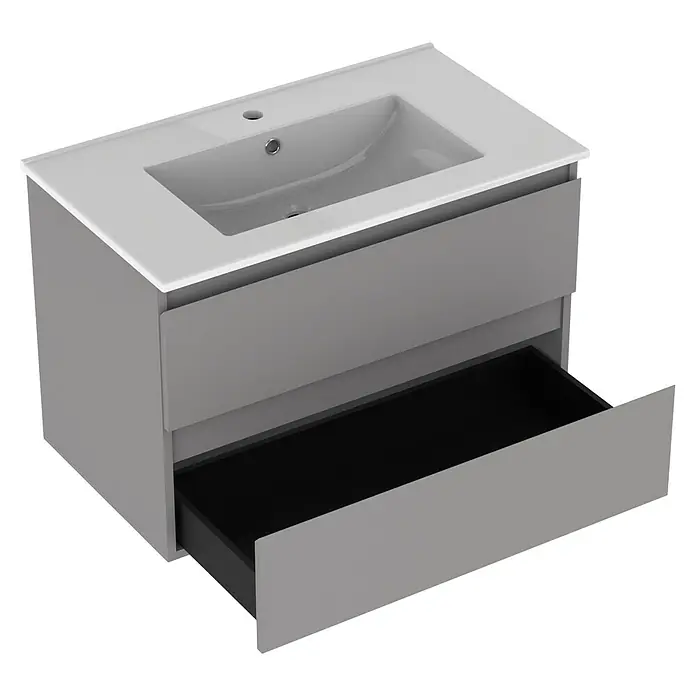 Outlets Bath Waschbeckenunterschrank Atlantis - 80 x 45 x 50 cm, Grau - Grauer Waschtischunterschrank mit einer Schublade und einem Keramikwaschbecken. Ideal für ein modernes Badezimmerdesign.