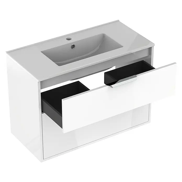 Outlets Bath Waschbeckenunterschrank Triana - Weiß, 80 x 38 x 54 cm, Farbe Griff: Chrom, Hochglänzend - Modernes, weißes Waschbeckenunterschrank mit geöffneter Schublade, ideal für das Badezimmer. Der Schrank bietet Stauraum und ein stilvolles Design.