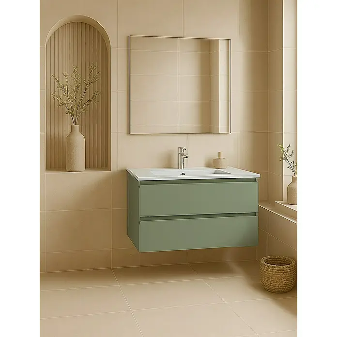 Outlets Bath Waschbeckenunterschrank Atlantis - 80 x 45 x 50 cm, Grün - Helles Badezimmer mit einem modernen, grünen Unterschrank, einem Spiegel und beigen Fliesen für ein elegantes Ambiente.