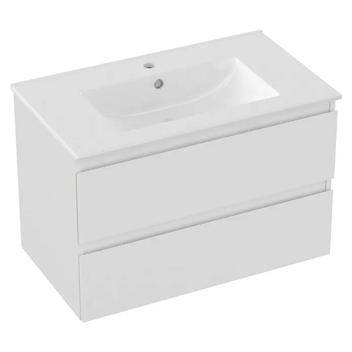 Outlets Bath Waschbeckenunterschrank Atlantis - 80 x 45 x 50 cm, Weiß - Ein moderner weißer Waschtischunterschrank mit zwei Schubladen und integriertem Waschbecken. Stilvolles Design für jedes Badezimmer.