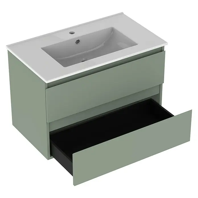 Outlets Bath Waschbeckenunterschrank Atlantis - 80 x 45 x 50 cm, Grün - Ein moderner Waschtischunterschrank in Salbeigrün mit offenem Auszug und einem eleganten, weißen Waschbecken. Perfekt für ein stilvolles Badezimmer.