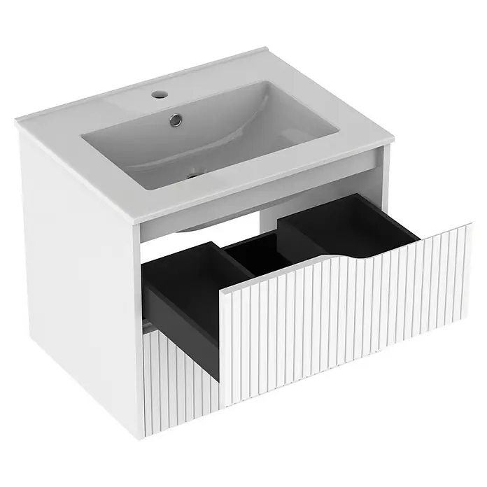 Outlets Bath Waschbeckenunterschrank Soho - 60 x 45 x 50 cm, Weiß - Ein weißer Waschtischunterschrank mit offenem Schubladenkorpus und eingebautem Waschbecken. Ideal für ein modernes Badezimmer.