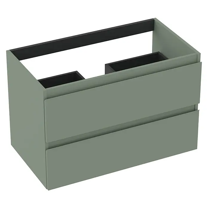 Outlets Bath Waschbeckenunterschrank Atlantis - 80 x 45 x 50 cm, Grün - Grauer Badezimmerschrank mit zwei Schubladen und offenem Regalbereich.