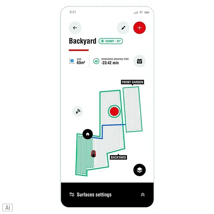 AL-KO Mähroboter - 1.200 m², Schnittbreite: 22 cm, Satellitengestützte Navigation, RTK - App-Ansicht eines Rasenmähroboters, der einen Garten mit "Backyard"- und "Front Garden"-Bereichen mäht.