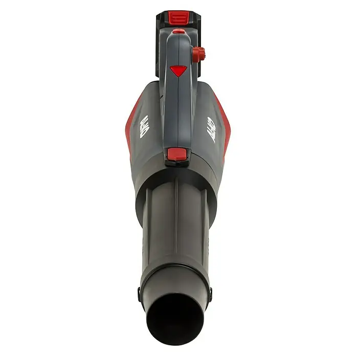 AL-KO 18V/36V Akku-Laubbläser LBD 1880 - 1 Akku, 2,5 Ah, Blasgeschwindigkeit: 152 km/h, Blasleistung: 700 m³/h - Ansicht eines Laubbläsers in Schwarz und Rot. Das Gerät ist auf dem Bild aus einer hohen, zentrierten Perspektive zu sehen.
