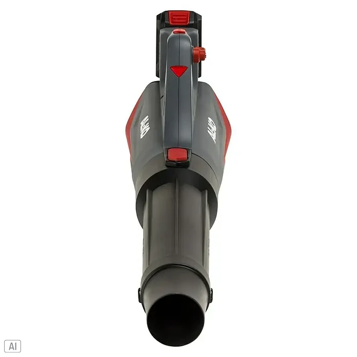 AL-KO 18V/36V Akku-Laubbläser LBD 1880 - 1 Akku, 2,5 Ah, Blasgeschwindigkeit: 152 km/h, Blasleistung: 700 m³/h - Ansicht eines Laubbläsers in Schwarz und Rot. Das Gerät ist auf dem Bild aus einer hohen, zentrierten Perspektive zu sehen.
