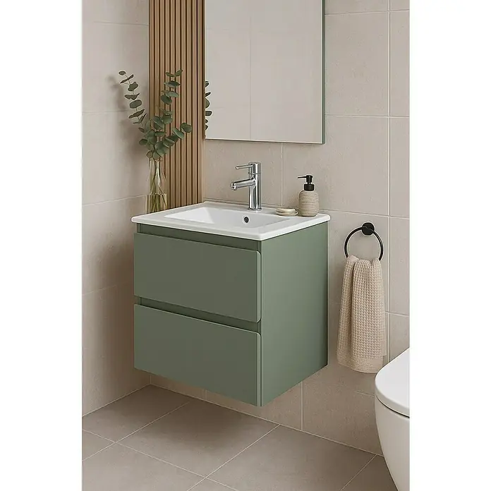 Outlets Bath Waschbeckenunterschrank Atlantis - 60 x 45 x 50 cm, Grün - Modernes Badezimmerwaschbecken mit grünen Schubladen und Armatur. Schlichtes Design mit Handtuchhalter.