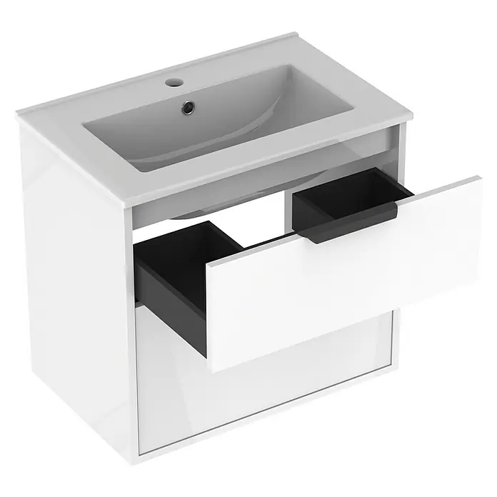 Outlets Bath Waschbeckenunterschrank Triana - Weiß, 60 x 38 x 56 cm, Farbe Griff: Schwarz, Hochglänzend - Ein weißer Waschtischunterschrank mit offenem Schubladen, perfekt für moderne Badezimmer. Stilvolles Design und praktische Aufbewahrung.
