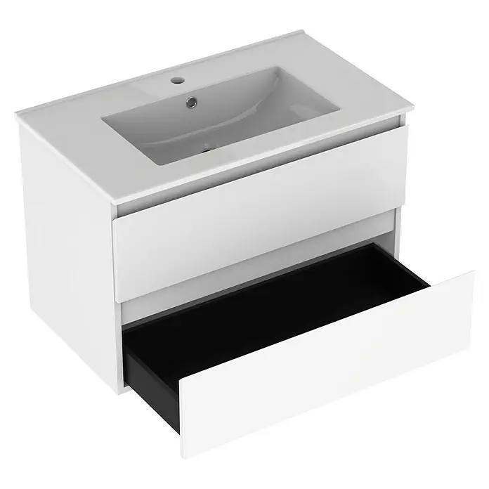 Outlets Bath Waschbeckenunterschrank Atlantis - 80 x 45 x 50 cm, Weiß - Hänge-Waschtischunterschrank in Weiß mit schwarzer Schublade. Moderner Stil für Badezimmer mit praktischem Stauraum und eleganter Optik.