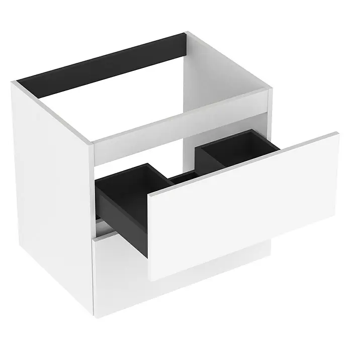 Outlets Bath Waschbeckenunterschrank Cancun - 60 x 45 x 55 cm, Weiß - Weißer Badezimmerschrank mit offener Schublade, der das schlichte Design und die Funktionalität des Produkts hervorhebt.