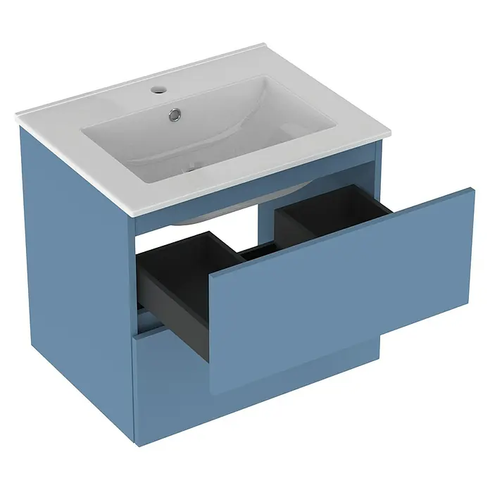 Outlets Bath Waschbeckenunterschrank Cancun - 60 x 45 x 55 cm, Blau - Waschtischunterschrank in Blau mit Schubladen und einem weißen Waschbecken. Stilvolles und funktionales Badezimmermöbel.
