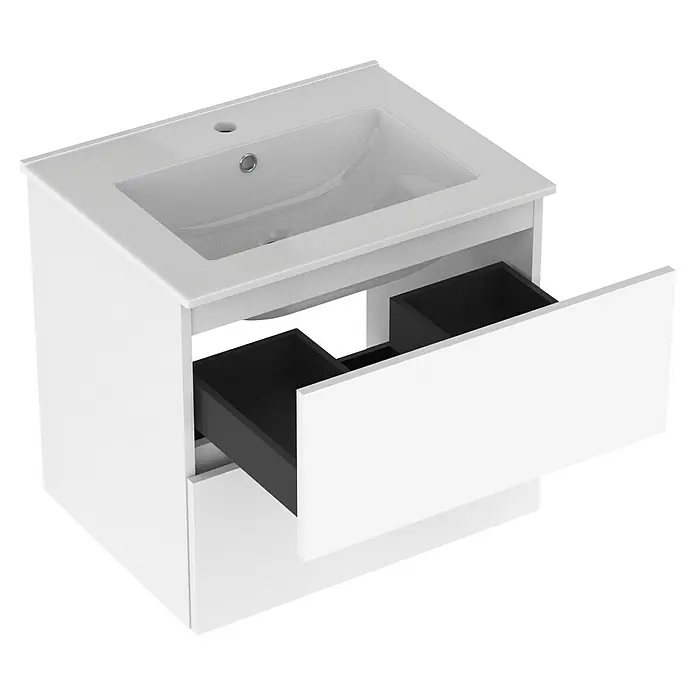 Outlets Bath Waschbeckenunterschrank Cancun - 60 x 45 x 55 cm, Weiß - Badezimmermöbel mit Waschbecken und Schublade. Das Unterschrank-Set in Weiß verfügt über ein modernes und platzsparendes Design.