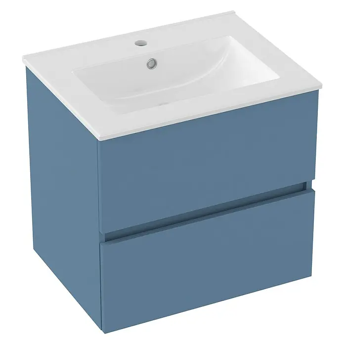 Outlets Bath Waschbeckenunterschrank Cancun - 60 x 45 x 55 cm, Blau - Modernes blaues Badezimmermöbel mit Waschbecken und zwei Schubladen. Praktisch und stilvoll für jedes Badezimmer.