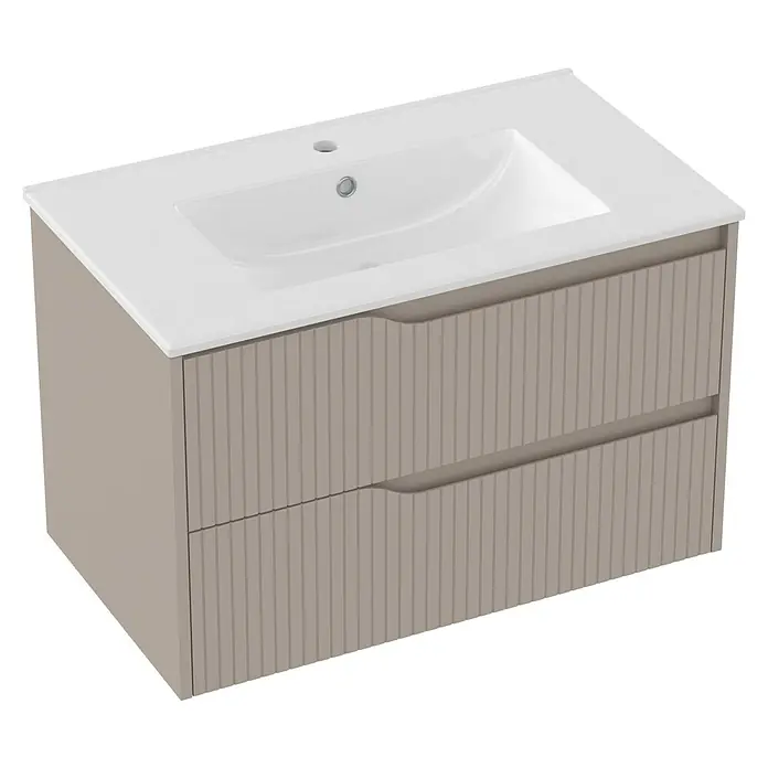 Outlets Bath Waschbeckenunterschrank Soho - 80 x 45 x 50 cm, Cashmere - Schickes Badezimmer-Waschbecken mit Unterschrank in Beige und weißem Aufsatzwaschtisch für ein modernes Bad-Design.
