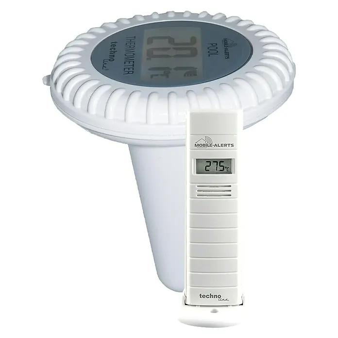 Mobile-Alerts Sensor MA10700 - 1 x Pool-Sensor, 1 x Außen-Sensor, 4 x Batterie, Bedienungsanleitung - Bild eines kabellosen Poolthermometers von Techno Line. Das Gerät misst die Temperatur und überträgt sie an eine Basisstation.