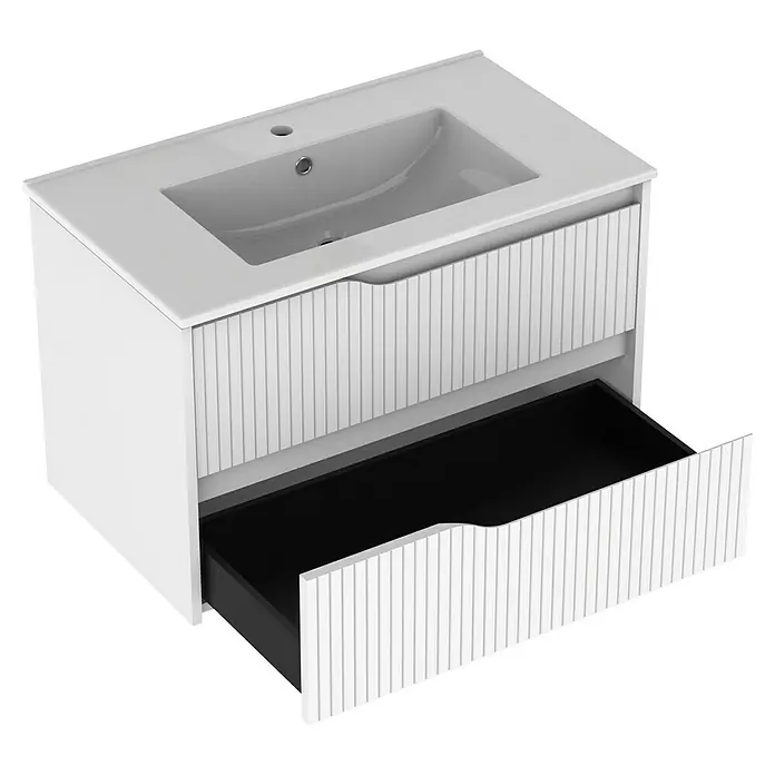 Outlets Bath Waschbeckenunterschrank Soho - 80 x 45 x 50 cm, Weiß - Moderne Badezimmereitelkeit mit Waschbecken, weißer Farbe und gerillten Schubladenfronten.