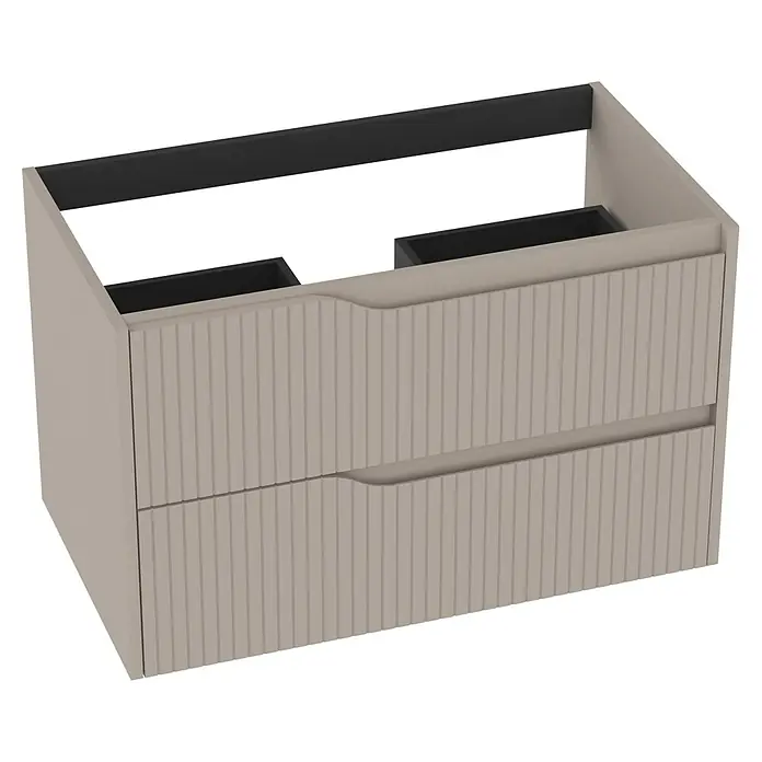 Outlets Bath Waschbeckenunterschrank Soho - 80 x 45 x 50 cm, Cashmere - Produktansicht eines modernen Waschtischunterschranks mit zwei Schubladen und geriffelter Oberfläche.