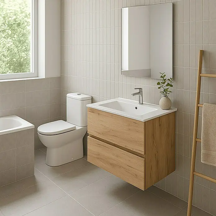 Outlets Bath Waschbeckenunterschrank Cancun - 60 x 45 x 55 cm, Craft Oak - Modernes Badezimmer-Interieur mit Waschtischunterschrank in Holzoptik, Toilette und Spiegel. Das helle Design sorgt für eine freundliche Atmosphäre.