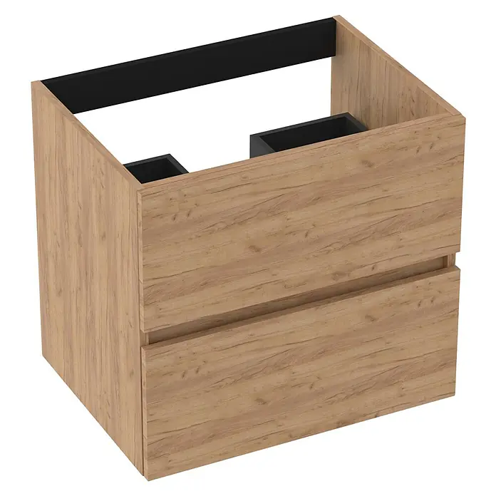 Outlets Bath Waschbeckenunterschrank Cancun - 60 x 45 x 55 cm, Craft Oak - Bild eines modernen Badezimmerunterschranks mit zwei Schubladen in Holzoptik und schwarzen Innenelementen.