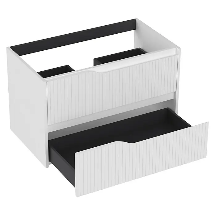 Outlets Bath Waschbeckenunterschrank Soho - 80 x 45 x 50 cm, Weiß - Ein weißer Badezimmerschrank mit zwei Schubladen, wobei die untere Schublade teilweise geöffnet ist und Einblick in das schwarze Innere bietet.