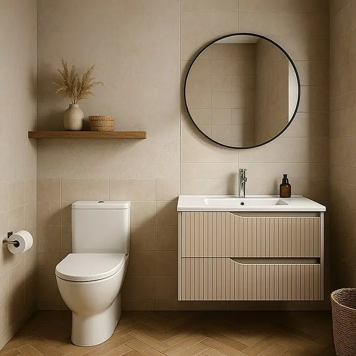 Outlets Bath Waschbeckenunterschrank Soho - 80 x 45 x 50 cm, Cashmere - Ein stilvolles Badezimmer mit einer modernen Toilette, einem Unterschrank mit Waschbecken und einem runden Spiegel. Die warmen Farbtöne schaffen eine einladende Atmosphäre.