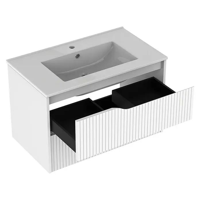 Outlets Bath Waschbeckenunterschrank Soho - 80 x 45 x 50 cm, Weiß - Ein moderner Waschbeckenunterschrank in Weiß mit offenem Schubladendesign. Elegantes Badmöbel zur stilvollen Badgestaltung.