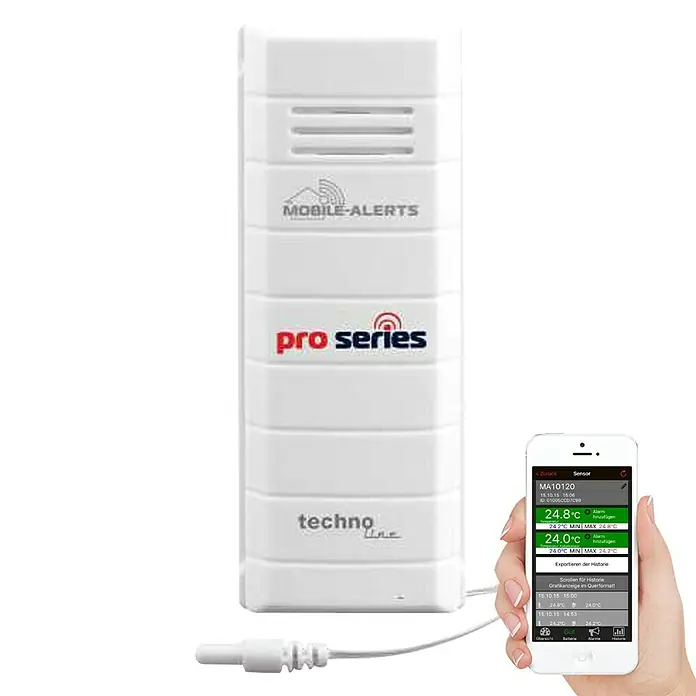 Mobile-Alerts Temperatursensor MA10120 - Batteriebetrieben, Weiß, 1,7 x 3,2 x 8,7 cm, Kabellänge: 1 m - Das Bild zeigt ein Mobile-Alerts Pro Series Gerät mit Smartphone-Anbindung zur Temperaturüberwachung.