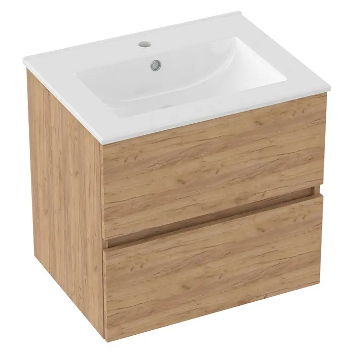 Outlets Bath Waschbeckenunterschrank Cancun - 60 x 45 x 55 cm, Craft Oak - Ein moderner Waschtischunterschrank in Holzoptik mit einem weißen Waschbecken. Perfekt für jedes Badezimmer!