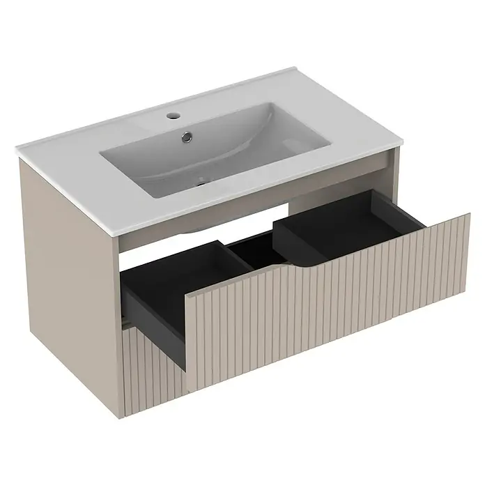 Outlets Bath Waschbeckenunterschrank Soho - 80 x 45 x 50 cm, Cashmere - Bild eines Badezimmerschranks mit Waschbecken. Der Schrank hat zwei Schubladen und ein modernes Design.
