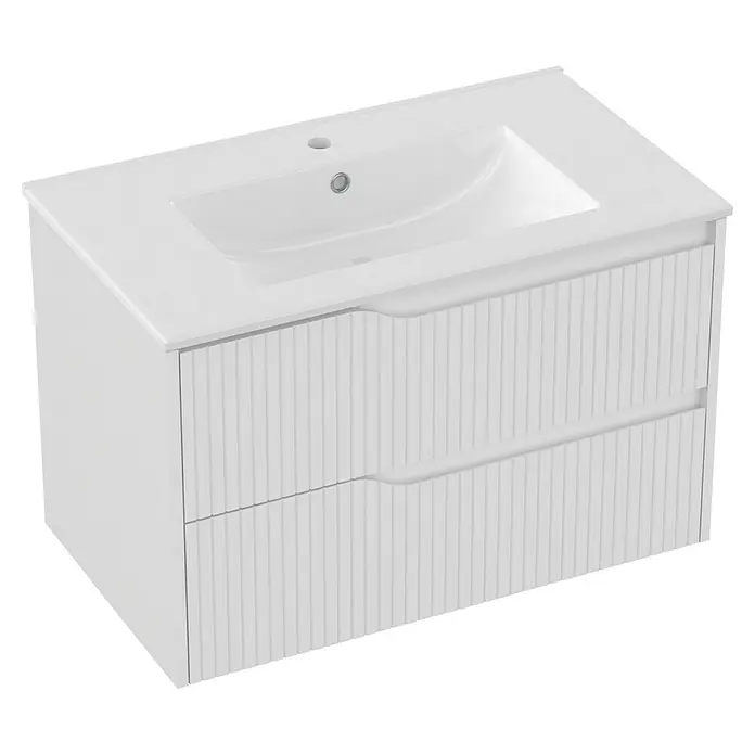 Outlets Bath Waschbeckenunterschrank Soho - 80 x 45 x 50 cm, Weiß - Ein schickes, weißes Waschbecken mit zwei Schubladen bietet stilvollen Stauraum. Perfekt für moderne Badezimmer.