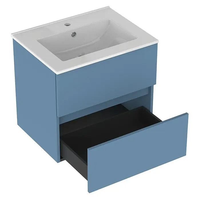 Outlets Bath Waschbeckenunterschrank Cancun - 60 x 45 x 55 cm, Blau - Blauer Waschtischunterschrank mit weißem Waschbecken und offener Schublade. Modernes Design für das Badezimmer.
