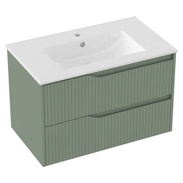 Outlets Bath Waschbeckenunterschrank Soho - 80 x 45 x 50 cm, Grün - Modernes Waschbeckenunterschrank-Set mit zwei Schubladen in stilvollem Grün und einer weißen Arbeitsplatte. Perfekt für ein modernes Badezimmer.
