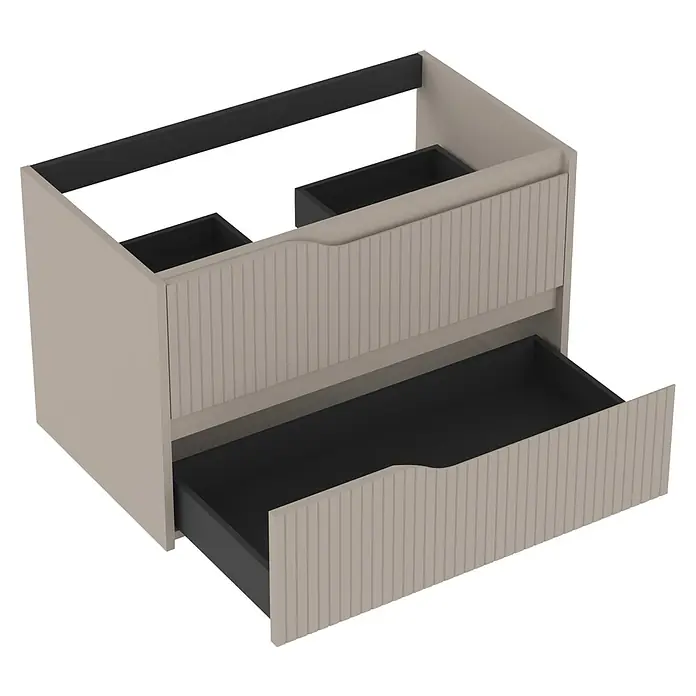 Outlets Bath Waschbeckenunterschrank Soho - 80 x 45 x 50 cm, Cashmere - Nahaufnahme einer modernen Kommode mit zwei Schubladen, beige und mit vertikalen Rillen. Eine Schublade ist geöffnet, mit schwarzem Innenraum.