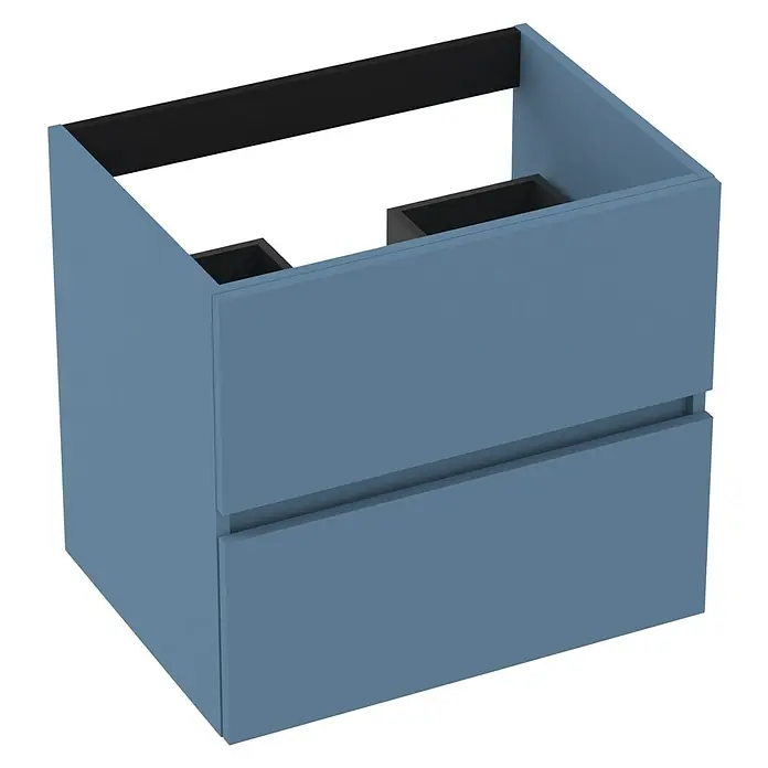 Outlets Bath Waschbeckenunterschrank Cancun - 60 x 45 x 55 cm, Blau - Nahaufnahme eines blauen Waschtischunterschranks mit zwei Schubladen, der ein modernes und stilvolles Badezimmerdesign hervorhebt.