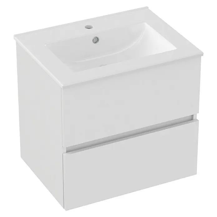 Outlets Bath Waschbeckenunterschrank Cancun - 60 x 45 x 55 cm, Weiß - Weißer Waschbeckenunterschrank mit Schubladen. Das Waschbecken ist oben eingelassen und hat eine runde Form.