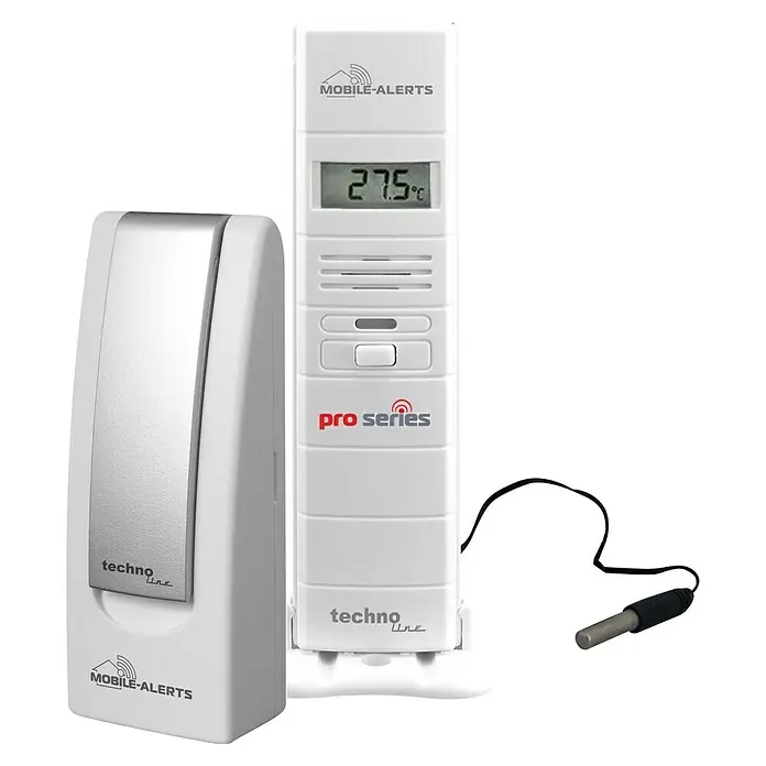 Technoline Starter-Set MA10032 - 1 x Gateway, 1 x Sensor, 1 x Netzteil, 2 x Batterie - Ein Techno Line Mobile Alerts Pro Series-Wetterstation mit Temperaturanzeige und Sensor für präzise Messungen.